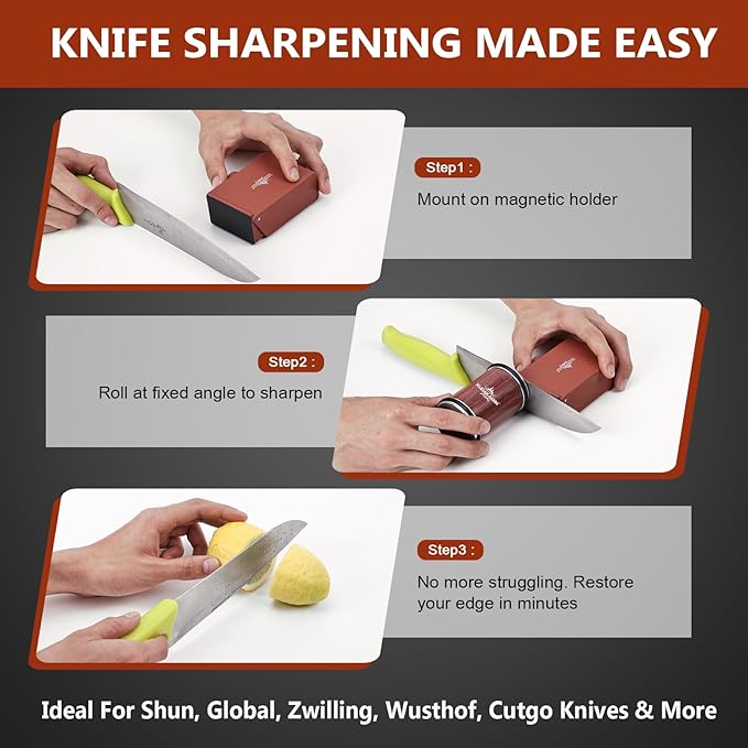 The Innovative Knife Sharpener - Patented Multi-Angle Premium Rolling Knife Sharpener with Extra Replacement Head for Chef's, Fruit, and All Steel Knives (Colorful Wood) - Image 2