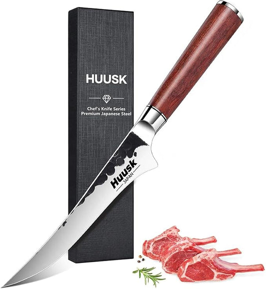 Huusk Boning Knife, Hand Forged 6" Fillet Knife, Butcher Knives Japanese Deboning Knives for Meat, Fish, Poultry, Rosewood Handle with Gift Box, Gifts Idea for Men Women