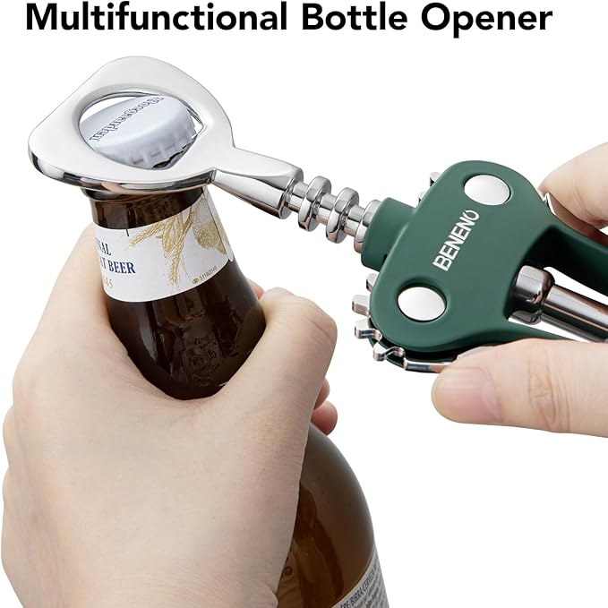 Beneno Wine Opener, Zinc Alloy Premium Wing Corkscrew with Multifunctional Bottles Opener, Sharp Wine Corkscrew with Ergonomic Non-Slip Wing Handle, Dark Green - Image 3
