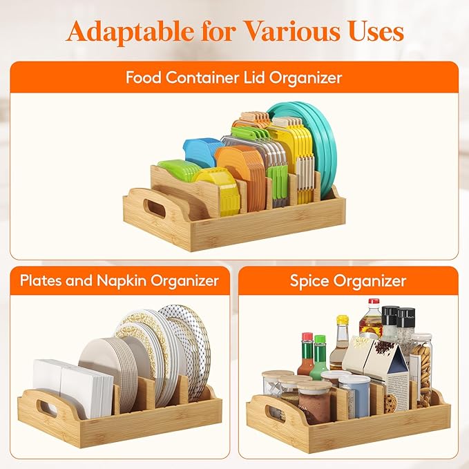 Lifewit Bamboo Lid Organizers for Inside Cabinet, Food Storage Container Lid Holder with 5 adjustable Inserts & 6 Sections, Kitchen Pantry organizer and storage, Large, 13.2" x 10"/34 x 25cm - Image 5