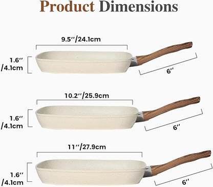 3 Pcs Pots and Pans Set, Nonstick & Non-Toxic Healthy Pots and Pans with Wooden Handle, Durable Skillet Indoor & Outdoor Use, All Stovetops Compatible, PFOA Free, White