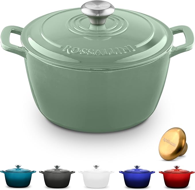 ROSSALLINI Signature Enameled Cast Iron Dutch Oven, Non-Stick Serving Pot with Tight Fitting Lid for Perfect Roasting, Baking, Sauteing, and Bread Making | 5.5Q (5.2L) - Sage