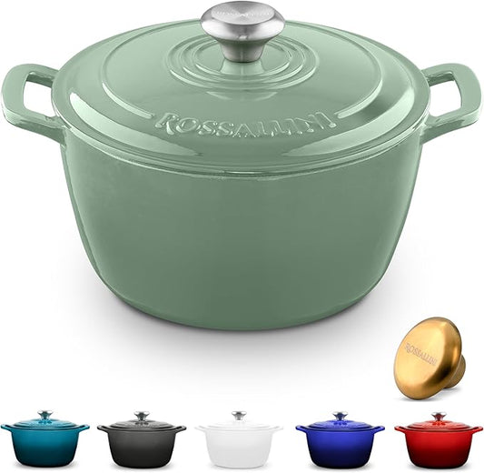 ROSSALLINI Signature Enameled Cast Iron Dutch Oven, Non-Stick Serving Pot with Tight Fitting Lid for Perfect Roasting, Baking, Sauteing, and Bread Making | 5.5Q (5.2L) - Sage