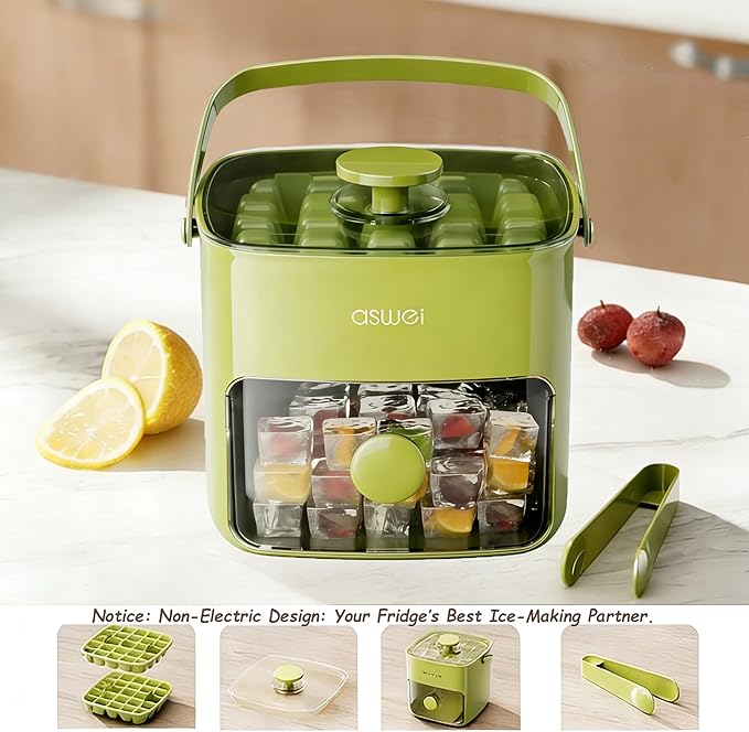 Compact Ice Cube Tray with Lid and Bin, Mini Press-Type Ice Cube Maker for Freezer, Space-Saving Small Ice Bucket with Tongs for RV, Office, Mini Ice Cube Trays & Water Bottles, BPA-Free (Green)