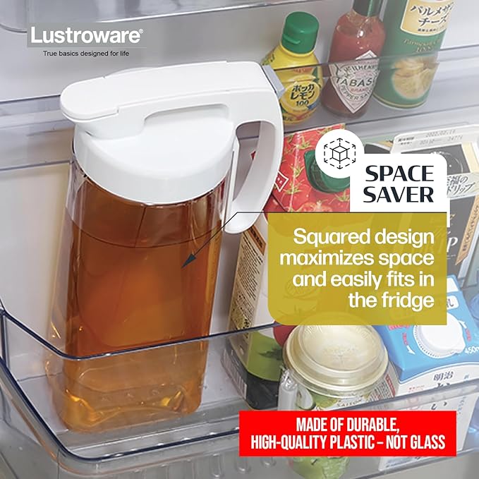 Lustroware QuickServe Airtight Pitcher - 2.1L (70oz), Heat Resistant, BPA-Free SAN Plastic, One Touch Open & Close, Space-Saving, Made in Japan - White - Image 6