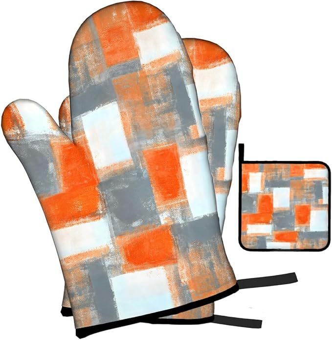 LOKMU Oven Mitts and Pot Holders Set of 3, Orange and Grey White Abstract Art Heat Resistant Kitchen Gloves Hot Pads for Cooking Baking BBQ, Kitchen Decor Gifts for Cooking Lover Cooks