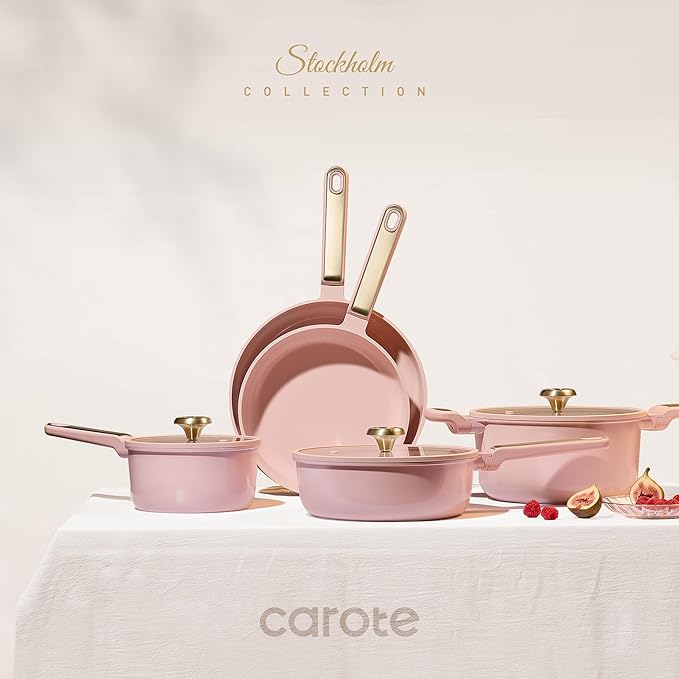 CAROTE Ceramic Cookware Set Nonstick, 14pcs Pots and Pans Set Nonstick, Non-Toxic & PFAS-Free, Dishwasher, RV/Camping Cookware Set, Cooking Pots with Lids, Pink Blush - Image 3