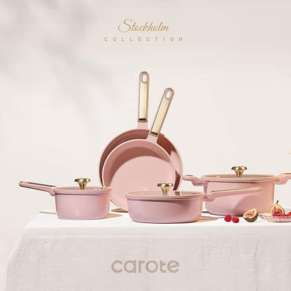CAROTE Ceramic Cookware Set Nonstick, 14pcs Pots and Pans Set Nonstick, Non-Toxic & PFAS-Free, Dishwasher, RV/Camping Cookware Set, Cooking Pots with Lids, Pink Blush - Image 3