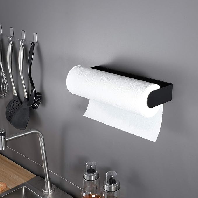 ZUNTO Black Paper Towel Holder Under Cabinet, Stainless Steel Kitchen Towel Holder Stick on Wall Vertical or Horizontal, Frees up Counter Space - Image 5