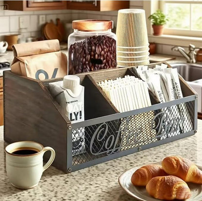 Coffee Station Organizer, Rustic Countertop Coffee Bar Accessories, 4 Compartments for Pods, Syrup, Stirrer, Tea Bags - Coffee Condiment Station Storage for Home and Office-Vintage Brown - Image 6