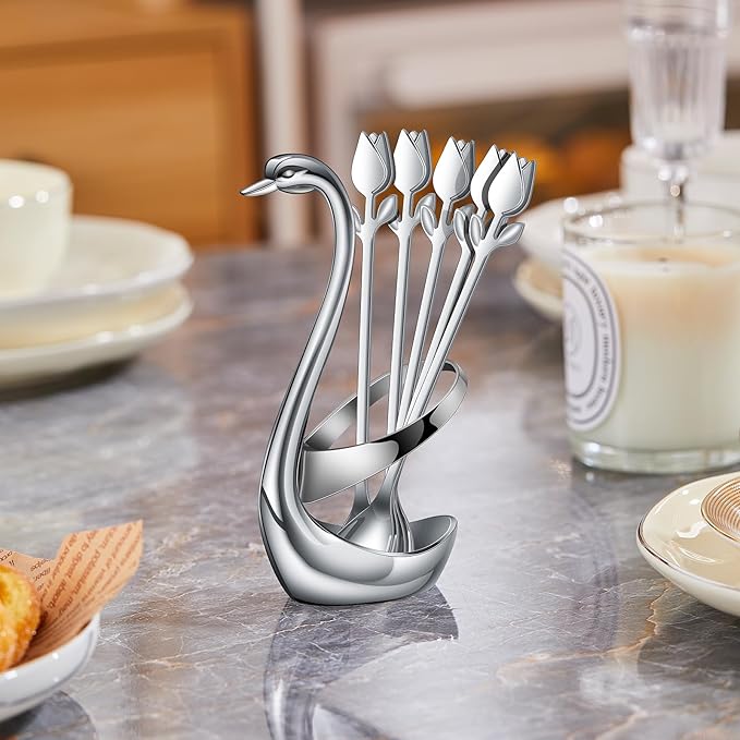 Silver Small Coffee Spoon Holder Set,Swan Base With 12 Pcs Demitasse Espresso Spoons Set,6" Mini Tulip/Rose Dessert Spoon,Stainless Steel Tea Spoons - Image 6