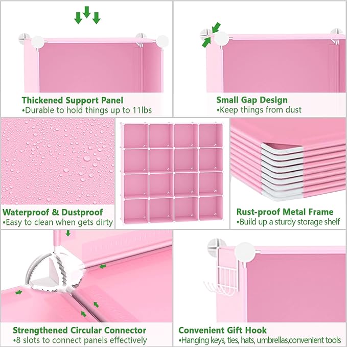 C&AHOME Cube Storage Organizer, 16-Cube Shelves Units, Plastic Storage Cubes, DIY Closet Organizer, Modular Closet Storage Shelves Ideal for Home, Bedroom, 48.4" L × 12.4" W × 48.4" H Pink UPCS16P - Image 6
