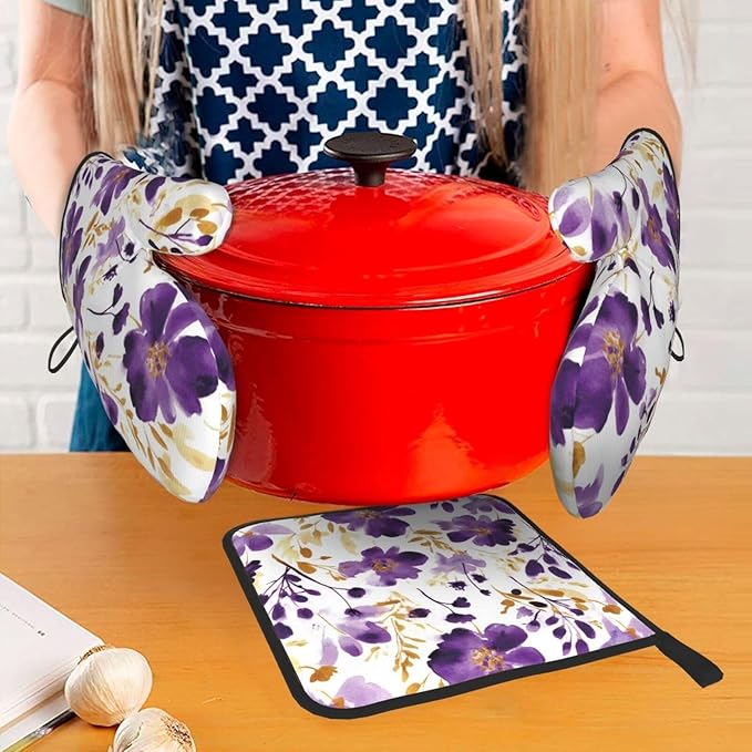 Spring Purple and Gold Floral Oven Mitts and Pot Holders Sets of 3, Non-Slip Heat Resistant Watercolor Flower Design Kitchen Gloves, Gifts for Women Cooking, Elegant Kitchen Decor for Baking Cooking - Image 3