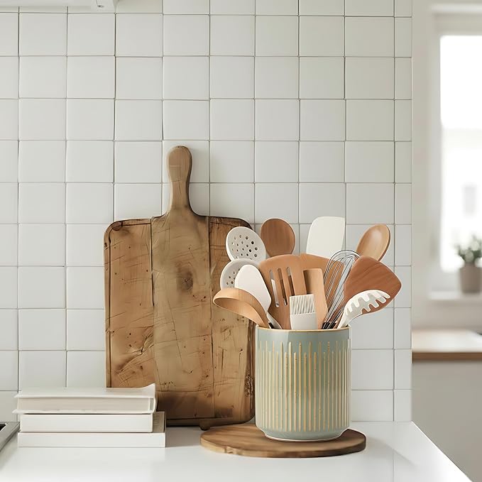 JIEMEI HOME Kitchen Utensil Holder, Ceramic Stable Utensil Crock for Countertop, 7.2" Large Utensil Organizer with Cork Mat, Removable Bamboo Divider for Kitchen Décor and Accessories, Green - Image 7