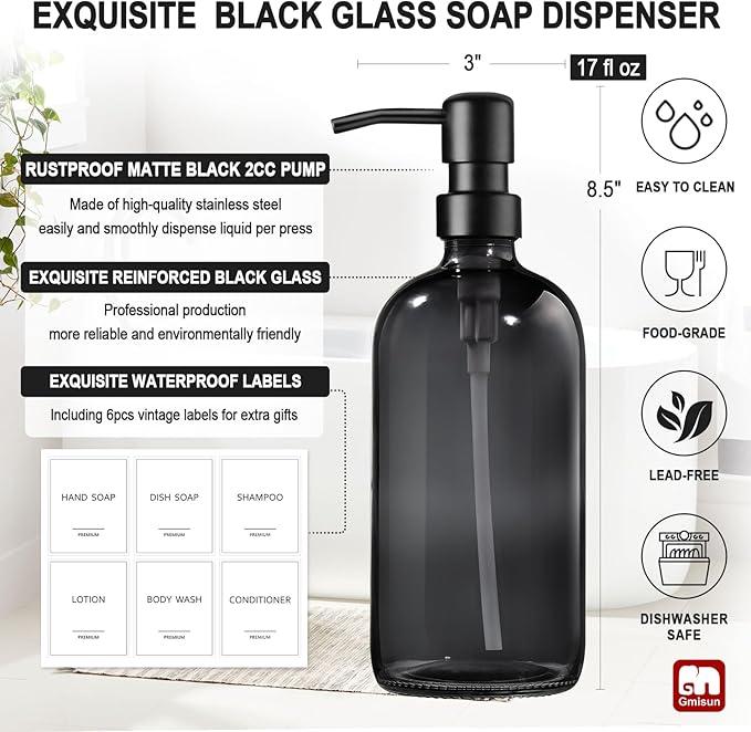 GMISUN Black Soap Dispenser, 2 Pack Hand Soap Dispensers for Bathroom, 17 Fl Oz Dish Soap Dispenser for Kitchen with Stainless Steel Pump, Modern Liquid Soap Bottle Set - Image 3
