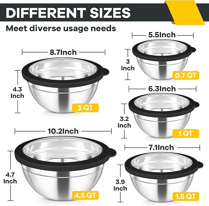 TeamFar Mixing Bowls Set, 4.5/3/1.5/1/0.7 QT Stainless Steel Nesting Salad Bowls with Airtight Lids, For Serving/Mixing/Storing, Non-Toxic & Heavy Duty, Visible & Easy Clean, Black, Set of 5 - Image 2