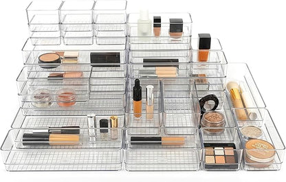 33 PCS Clear Plastic Drawer Organizer Set, 4 Sizes Acrylic Drawer Storage Trays Non Slip Storage Bins for Makeup, Jewelry, Gadgets for Kitchen, Bedroom, Bathroom, Office