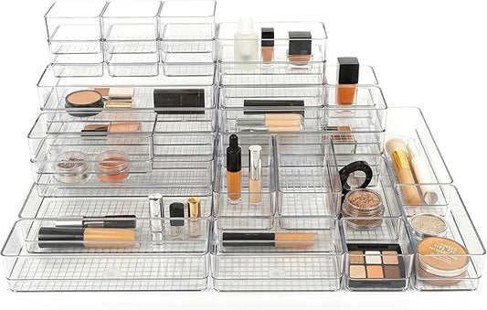 33 PCS Clear Plastic Drawer Organizer Set, 4 Sizes Acrylic Drawer Storage Trays Non Slip Storage Bins for Makeup, Jewelry, Gadgets for Kitchen, Bedroom, Bathroom, Office