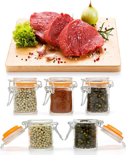 1.7 oz Mini Glass Spice Jars with Labels, Small Stash Jars with Airtight Hinged Lid, 12 Pack Empty Spice Bottles with Rubber Gasket for Herb Tea Seasoning Storage