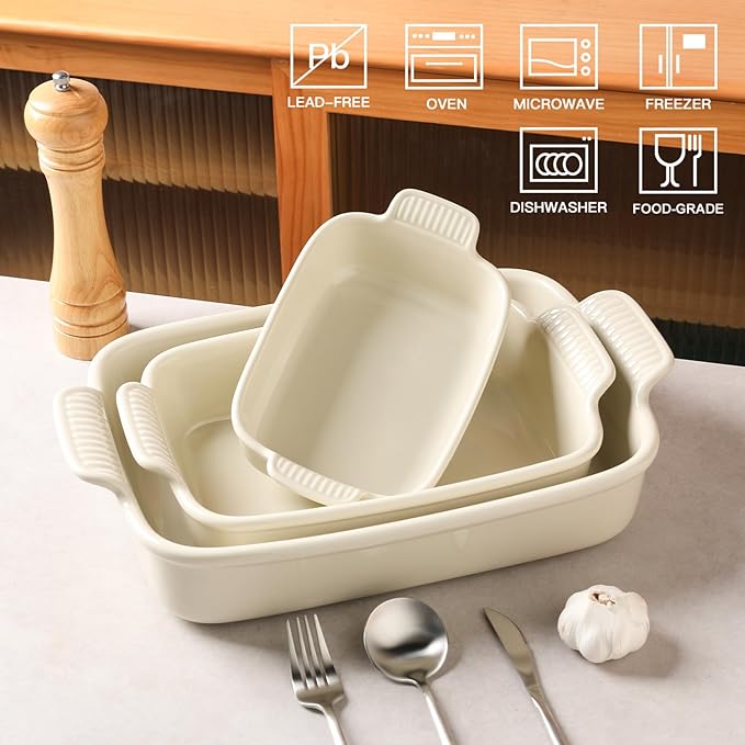 Sweejar Baking Pans Set, Ceramic 9x13 Baking Dish with Handle, Rectangular Casserole Dishes for Oven, Bakeware Sets of 3, Durable Lasagna Pan Deep for Kitchen, Banquet, Wedding Gift(Beige) - Image 2