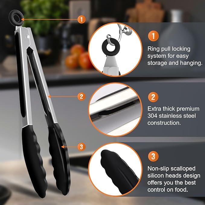 2 Pack Black Premium Stainless Steel Heat Resistant Kitchen Tongs for cooking,set of 9" and 12",Non Scratch Silicone cooking Tong Tip for Cooking Pans,Strong Grip BBQ tongs for Grabbing Hot Food - Image 6