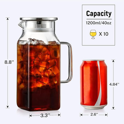 40 oz,1.2Liter Square Glass Pitcher with Lid and Spout, Breast Milk Pitcher with Handle for Fridge, Borosilicate Glass Carafe for Hot/Cold Drink, Small Jug for Iced Tea, Coffee,Water Storage Container - Image 3