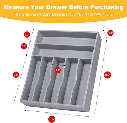 Kitchen Bamboo Silverware Organizer, Kitchen Drawer Organizer - Utensil Holder and Cutlery Tray with Grooved Drawer Dividers for Flatware 7 Slot, Grey - Image 3