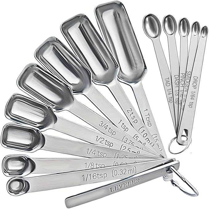 Stainless Steel Measuring Spoons Set of 14 with Leveler, Rectangular Teaspoon & Tablespoon Measuring Spoons for Dry & Liquid Ingredients, Slim Design Fits in Spice Jars by YUNNKEEY