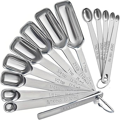 Stainless Steel Measuring Spoons Set of 14 with Leveler, Rectangular Teaspoon & Tablespoon Measuring Spoons for Dry & Liquid Ingredients, Slim Design Fits in Spice Jars by YUNNKEEY
