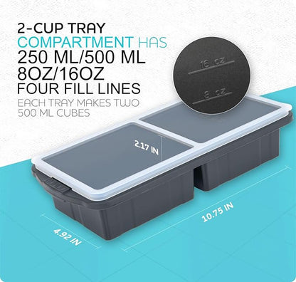 XOMOO Silicone Freezer Tray With Lid-Soup Freezer Container molds-2-cup Extra Large Ice Cube Tray-makes 4 perfect 500ml portions cubes, For freezing soup,stews,sauces.Oven&Dishwasher-Safe(2-Pack)