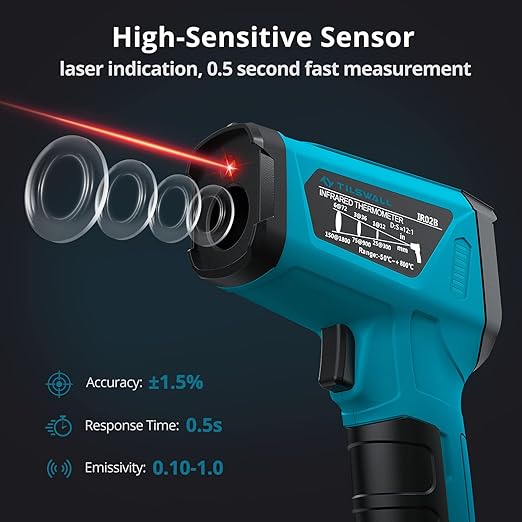 Tilswall Infrared Thermometer, -58°F to 1472°F(-50~800°C), Non-Contact Digital Laser Thermometer with Probe, Adjustable Emissivity, High/Low Temperature Alarm, for Cooking/BBQ/Freezer(NOT for Human)