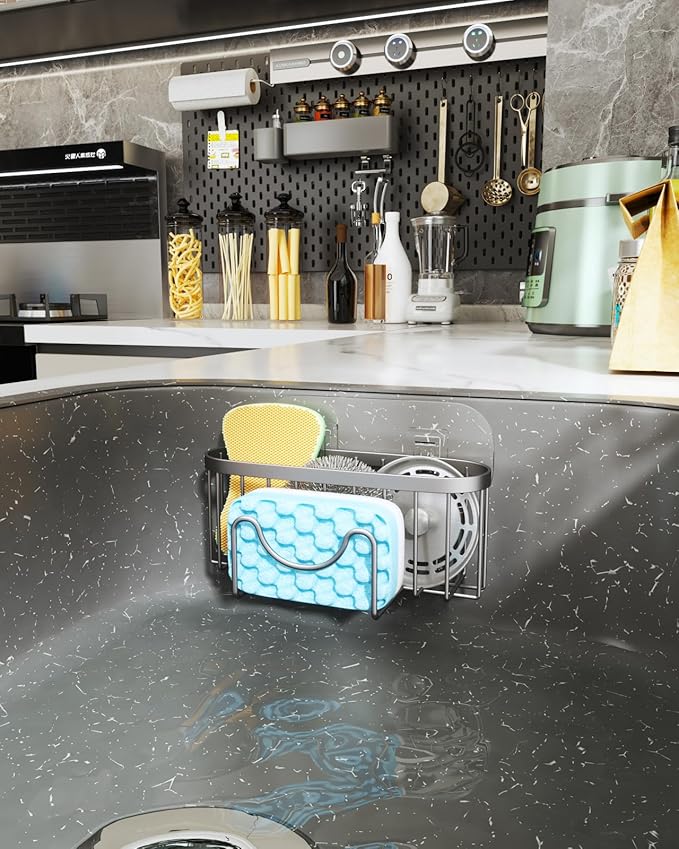 HapiRm Kitchen Sponge Holder for Sink - 2 Installation Methods Kitchen Sink Caddy Organizer with Unique M-Shaped, Rustproof Stainless Steel Sponge Caddy - Brushed Nickel (Large) - Image 6