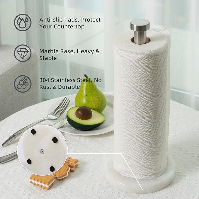 Koville African Genuine Marble Paper Towel Holder Countertop, 6" Stone Base Silver Rod Paper Towel Holder Stand for Kitchen Storage, for Standard or Jumbo-Sized Rolls - Image 2