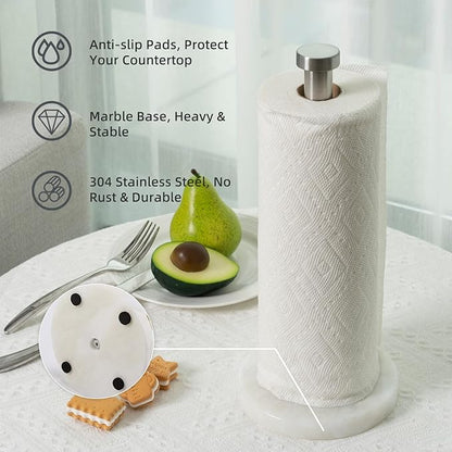 Koville African Genuine Marble Paper Towel Holder Countertop, 6" Stone Base Silver Rod Paper Towel Holder Stand for Kitchen Storage, for Standard or Jumbo-Sized Rolls - Image 2