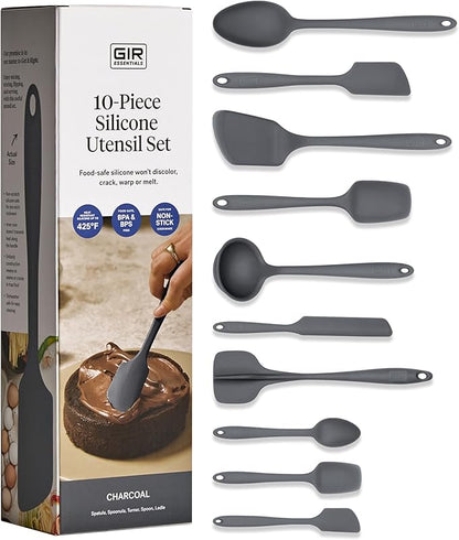 GIR: Get It Right 10-Piece Silicone Essentials Kitchen utensils set - Ladle, Spatula, Flip, Spoon & Spoonula - Non toxic cooking utensils for Nonstick Cookware, Cooking and Baking - Charcoal by GIRGetItRight