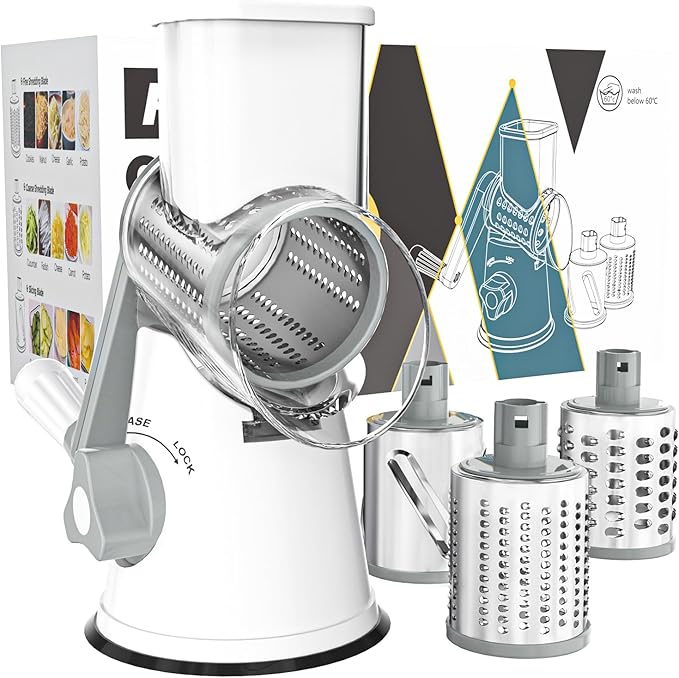 Cambom Rotary Cheese Grater Hand Crank Cheese Shredder for Fresh Cheese, Vegetable, Nuts,Non-slip Suction Base, Free Cleaning Brush Three Blades, White by Cambom