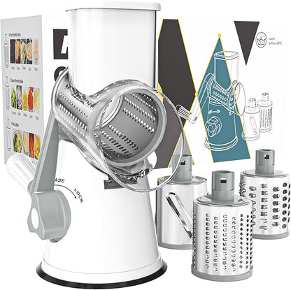 Cambom Rotary Cheese Grater Hand Crank Cheese Shredder for Fresh Cheese, Vegetable, Nuts,Non-slip Suction Base, Free Cleaning Brush Three Blades, White by Cambom