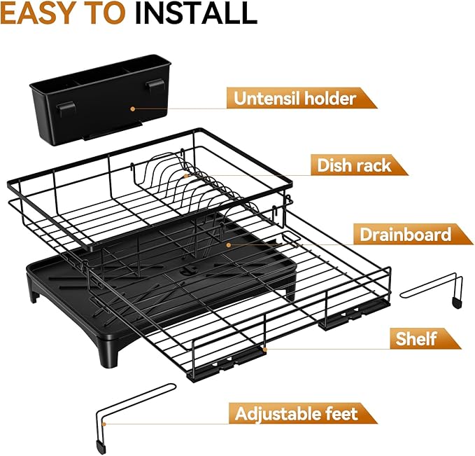 Laveshop Dish Drying Rack - Expandable Rack, Large Capacity Dish Drainer for Kitchen Counter, Rust-Proof with Utensil Holder, Black - Image 5