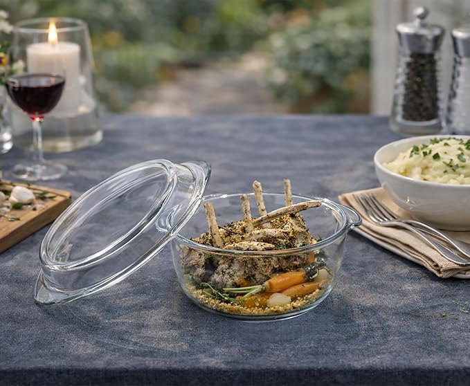 Ums 2.2 Quart Glass Casserole Dish with Lid, Round Glass Baking Dishes for Oven with Lid, Round Covered Casserole Dish, Microwave and Dishwasher Safe Clear Bakeware