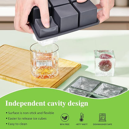 Large Ice Cube Tray for Whiskey: 2" Big Silicone Ice Tray with Lid for Whisky - 3Pack Old Fashioned Ice Cube Trays for Cocktail - Huge Square Cubed Bourbon Ice Cube Maker - Image 2