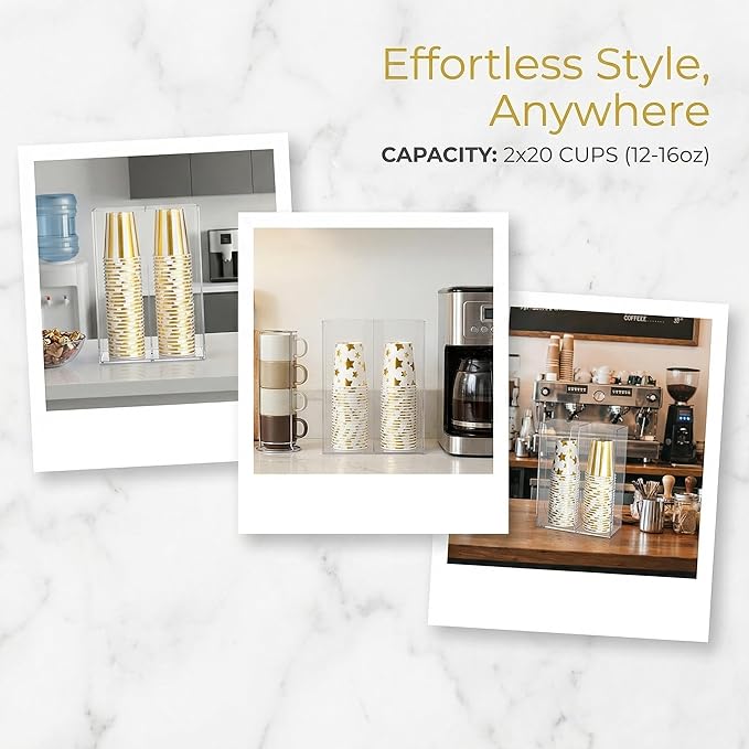 Acrylic Coffee Cup and Lid Storage Organizer Holder, 2 Compartments Disposable Paper Cup Dispenser, Clear Plastic Cups and Lids Organizer for Kitchen, Countertop, Coffee Bar