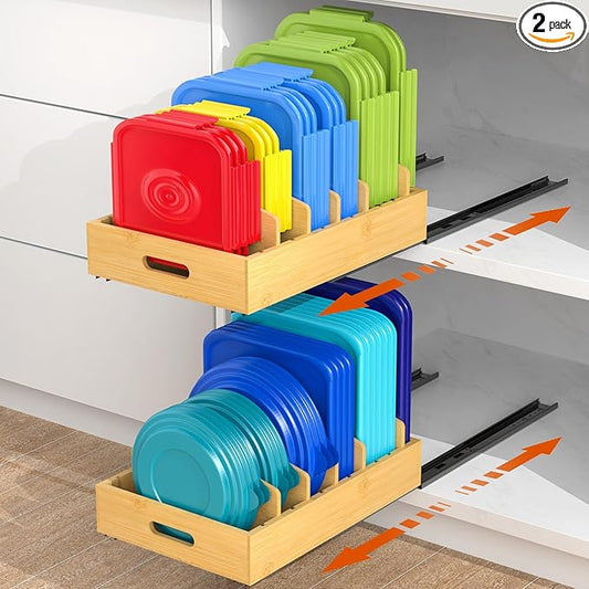 Housolution Pull Out Food Container Lid Organizer with Sliding Rail, Slide Out Plastic Lid Holder Compatible with Tupperware, Bamboo Storage Box with 5 Adjustable Dividers for Kitchen Cabinet, 2 Pack by Housolution