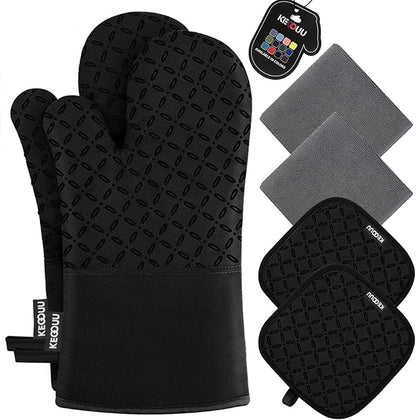 KEGOUU Oven Mitts and Pot Holders 6pcs Set, Kitchen Oven Glove High Heat Resistant 500 Degree Extra Long Oven Mitts and Potholder with Non-Slip Silicone Surface for Cooking (Black) by KEGOUUOvenMitt