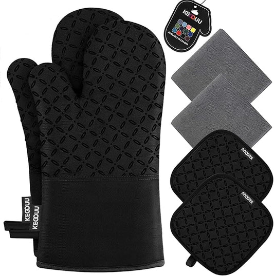 KEGOUU Oven Mitts and Pot Holders 6pcs Set, Kitchen Oven Glove High Heat Resistant 500 Degree Extra Long Oven Mitts and Potholder with Non-Slip Silicone Surface for Cooking (Black) by KEGOUUOvenMitt