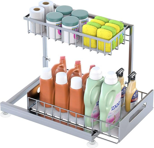 Saydear Under Sink Organizer Storage 2-Tier Premium Metal Pull-Out Kitchen Cabinet Organizer with Sliding Drawer, Height Adjustable, Heavy Duty for Kitchen & Bathroom Organizers 1 Pack Grey by Saydear