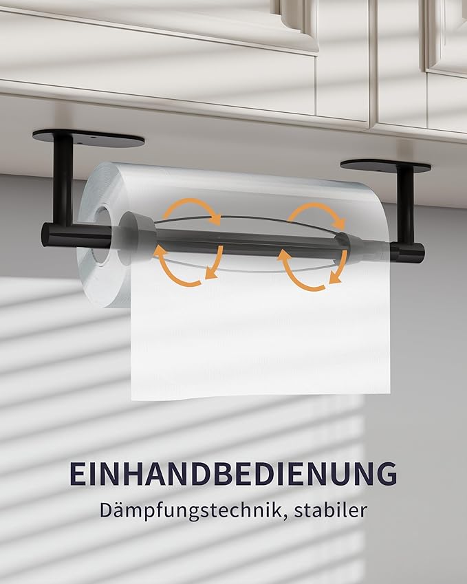 Paper Towel Holder Under Cabinet, Self Adhesive or Wall Mount for Kitchen Bathroom, Stainless Steel Paper Towel Holders with Damping Effect, Single Hand Operable (Matte Black) - Image 3