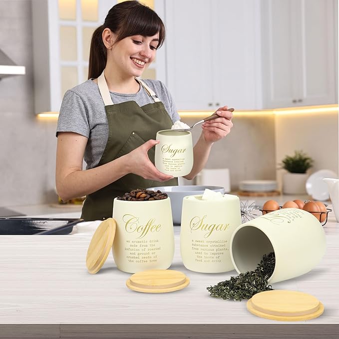 Coffee Tea Sugar Container Set of 3,Farmhouse Storage Containers Jars,Airtight Metal Kitchen Canister Set with Bamboo Lids for Kitchen Counter Dining Room (Metal, 1)