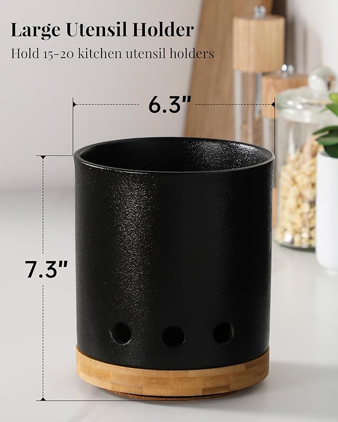 LoeJan 360° Rotating Ceramic Utensil Holder for Kitchen Countertop – Cooking Utensil Crock Organizer with Non-Slip Cork Base for Farmhouse Kitchen Decor, Textured Black - Image 2