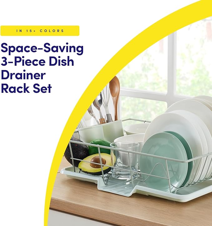 Sweet Home Collection Space-Saving 3-Piece Dish Drainer Rack Set: Efficient Kitchen Organizer for Quick Drying and Storage - Includes Cutlery Holder and Drainboard - Maximize Countertop Space, Mint - Image 2