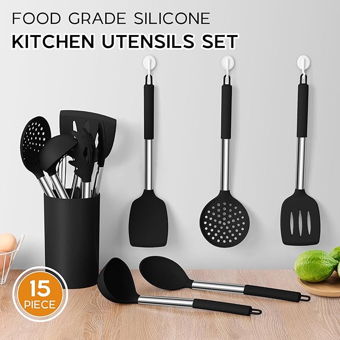 Onader Kitchen Utensils Set, 15 Pcs Silicone Cooking Utensils Set with Holder and Heat Resistant Stainless Steel Handle for Nonstick Cookware - Black - Image 3
